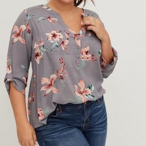 Torrid Harper Grey Floral Challis Pullover 3/4 Sleeve Blouse - Plus Size 00